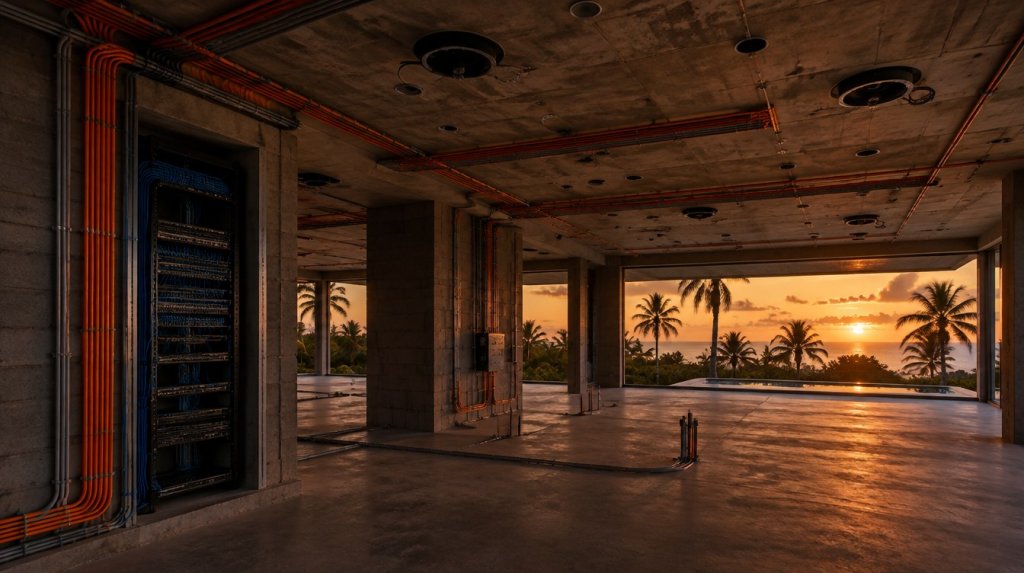 Villa de lujo en construcción con tuberías naranjas, cableado estructurado y rack técnico antes del pañete