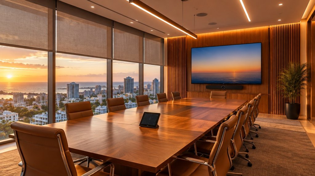 Sala de conferencia inteligente en una torre de Santo Domingo con vista al mar, pantalla, control táctil y cortinas automatizadas