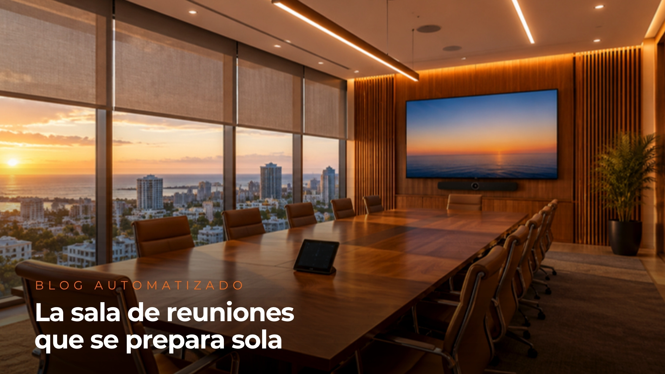 La sala de reuniones que se prepara sola: sala de conferencia inteligente con vista al mar al atardecer