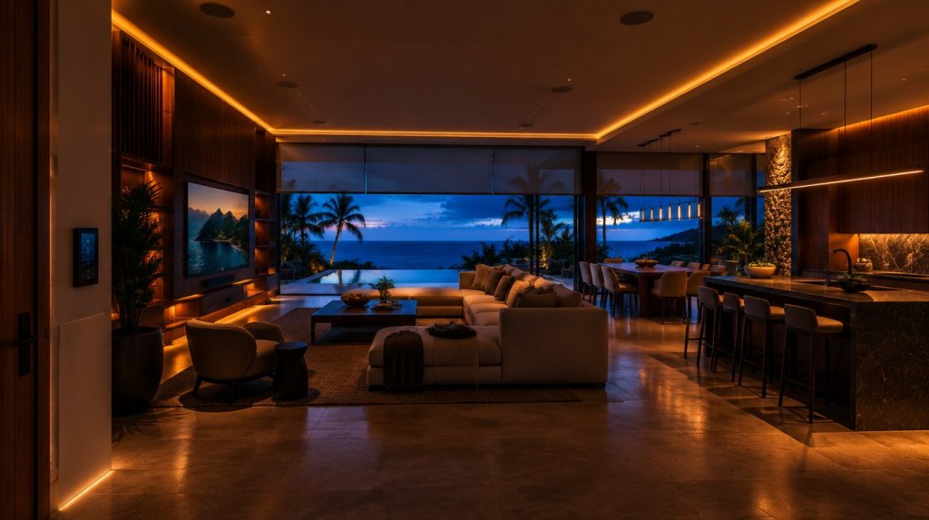 Sala, comedor y cocina de una villa inteligente con iluminación cálida, cortinas motorizadas, TV empotrada y panel táctil