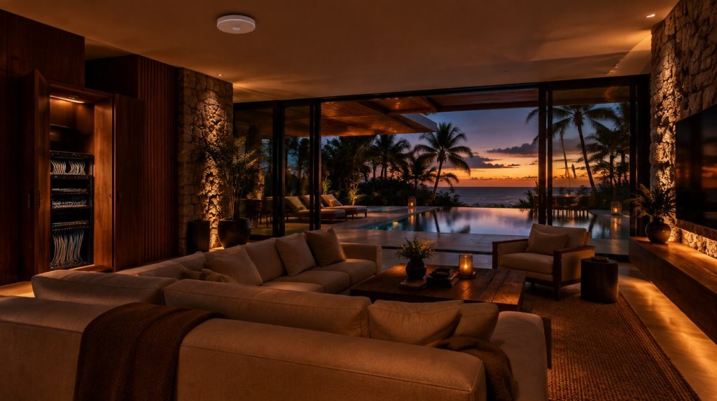 Sala de villa tropical al atardecer con access point WiFi en el techo y rack de red en un mueble de madera