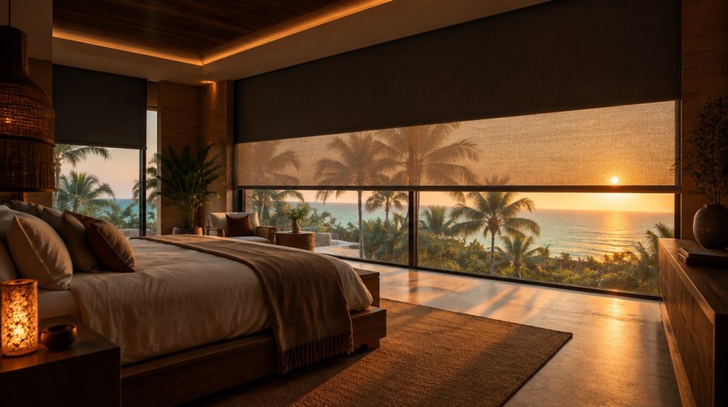 Habitación principal de una villa frente al mar con cortinas automatizadas blackout y screen filtrando la luz del amanecer