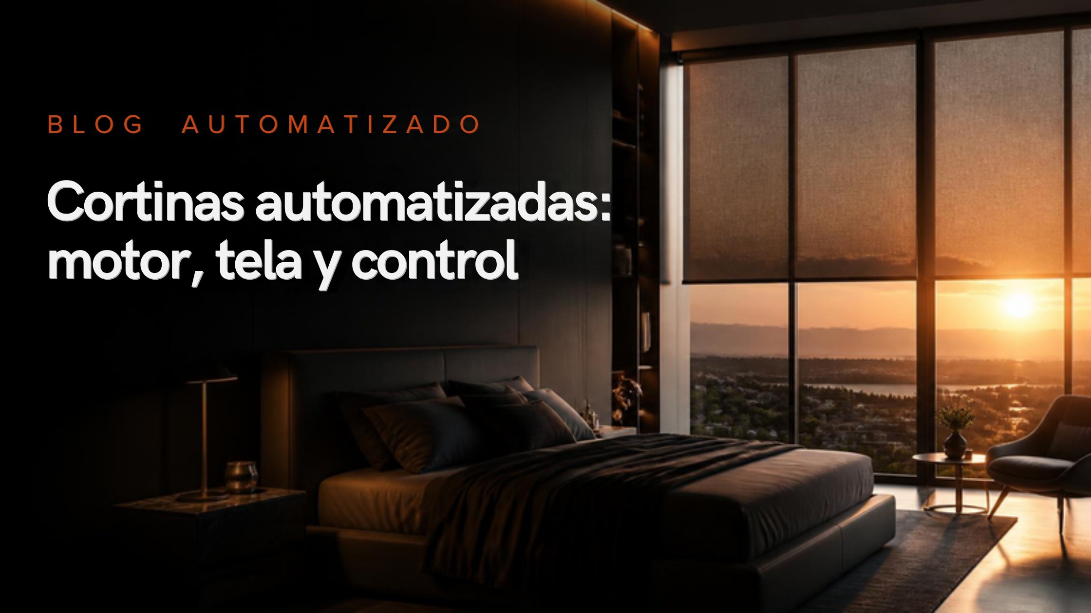 Cortinas automatizadas: habitación de lujo de noche con cortinas enrollables y vista al atardecer