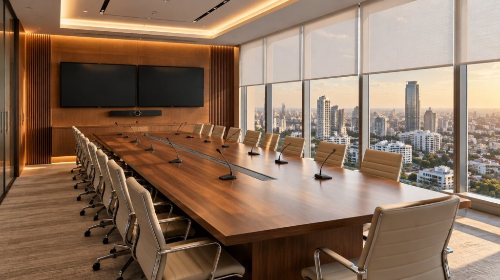 Sala de videoconferencias corporativa con mesa larga hacia dos pantallas, micrófonos de mesa y vista a la ciudad de Santo Domingo