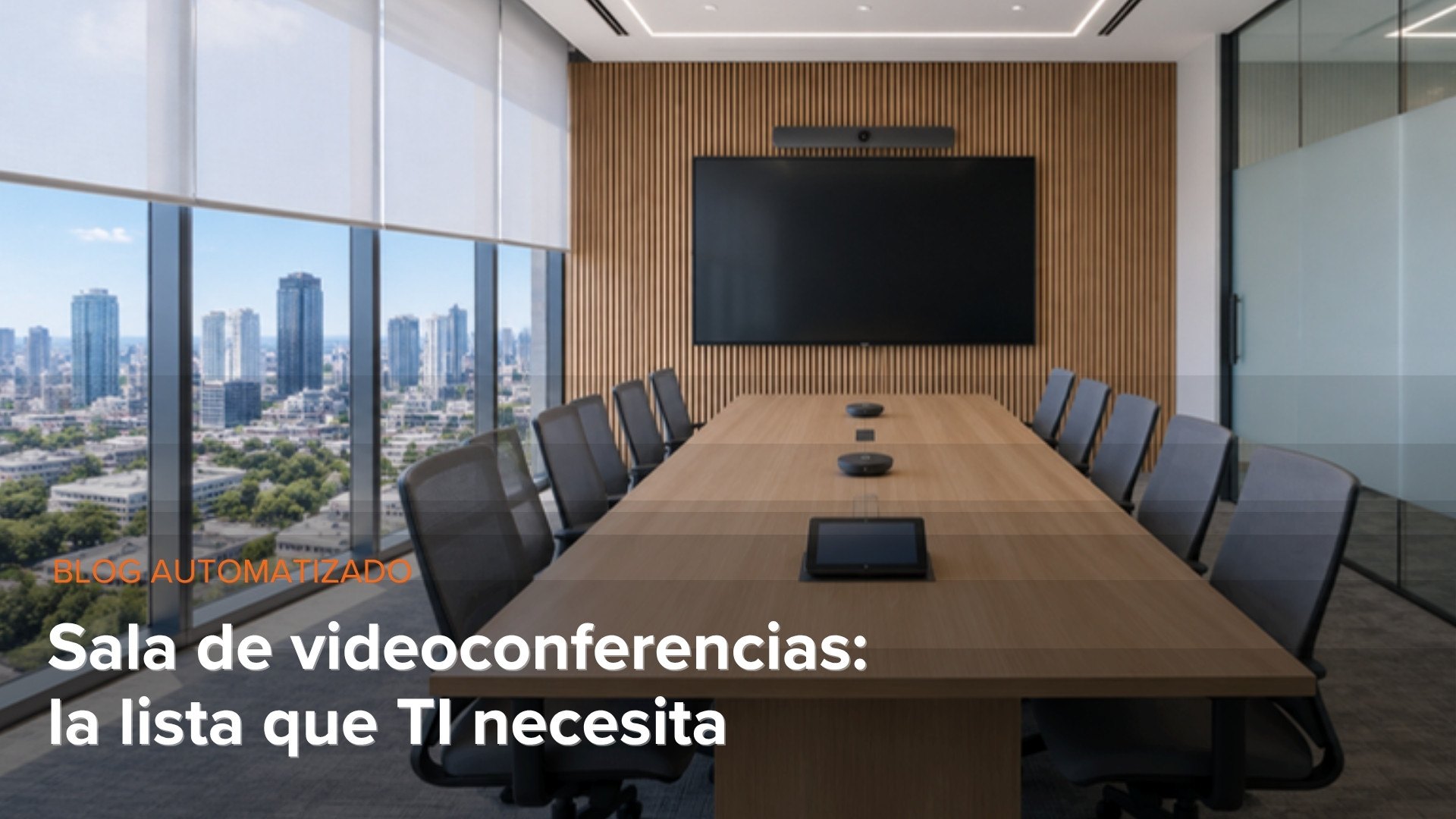 Sala de videoconferencias en piso alto de Santo Domingo con mesa orientada a la pantalla y cortinas sheer a medio bajar