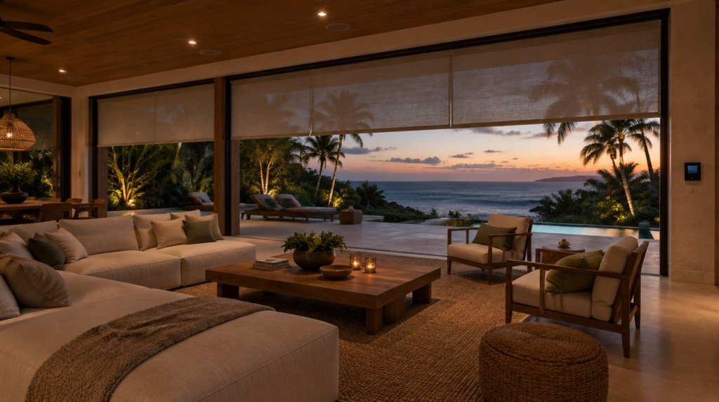 Terraza de villa de lujo frente al mar al atardecer con luces cálidas y casa inteligente integrada