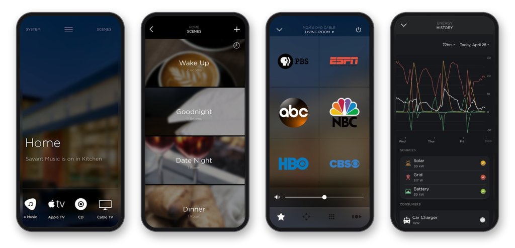 App de Savant en cuatro iPhones: pantalla de inicio, escenas, control de TV y monitoreo de energía