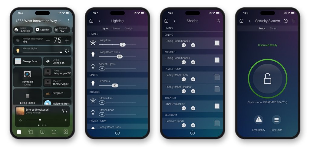 App de Control4 en cuatro iPhones: pantalla de inicio, iluminación, cortinas y sistema de seguridad