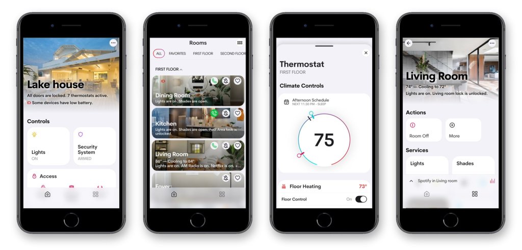 App Crestron Home en cuatro iPhones: inicio, habitaciones, termostato y controles por espacio