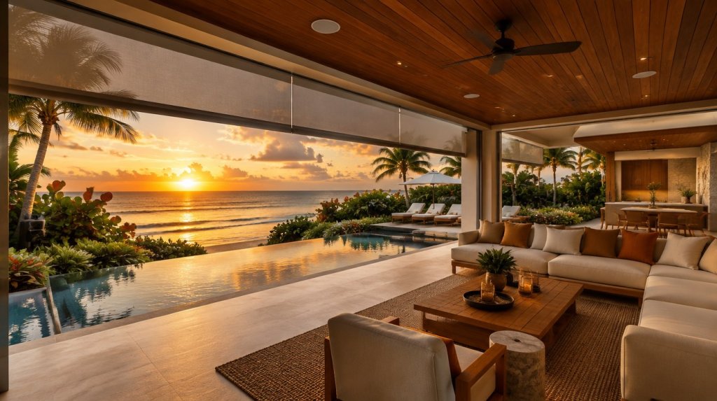 Terraza de villa de playa al atardecer con bocinas empotradas en techo de madera, cortinas automatizadas y piscina