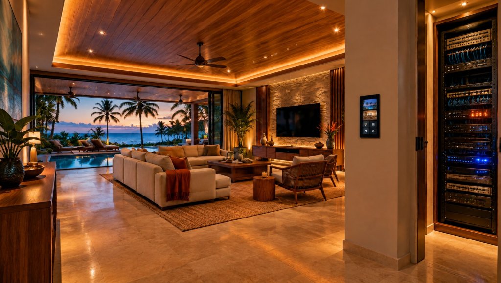 Sala de villa tropical con panel de casa inteligente en la pared y rack de equipos ordenado con cableado limpio