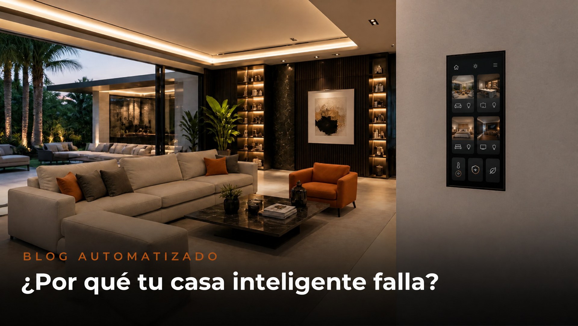 Por qué falla una casa inteligente: sala moderna iluminada con panel de control táctil en la pared