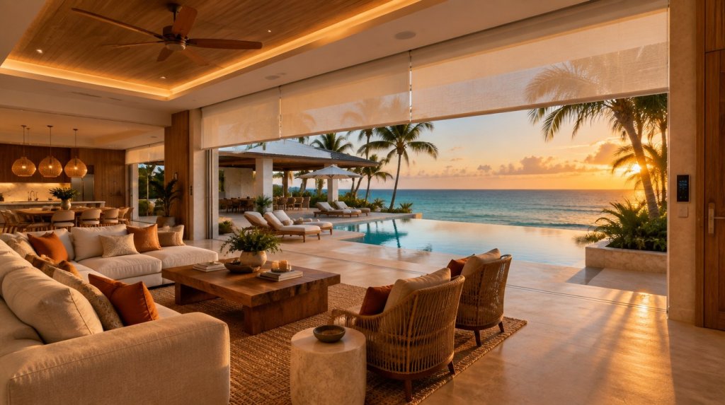 Sala de villa de lujo frente al mar con cortinas automatizadas, luz cálida regulable y panel de control junto a la puerta