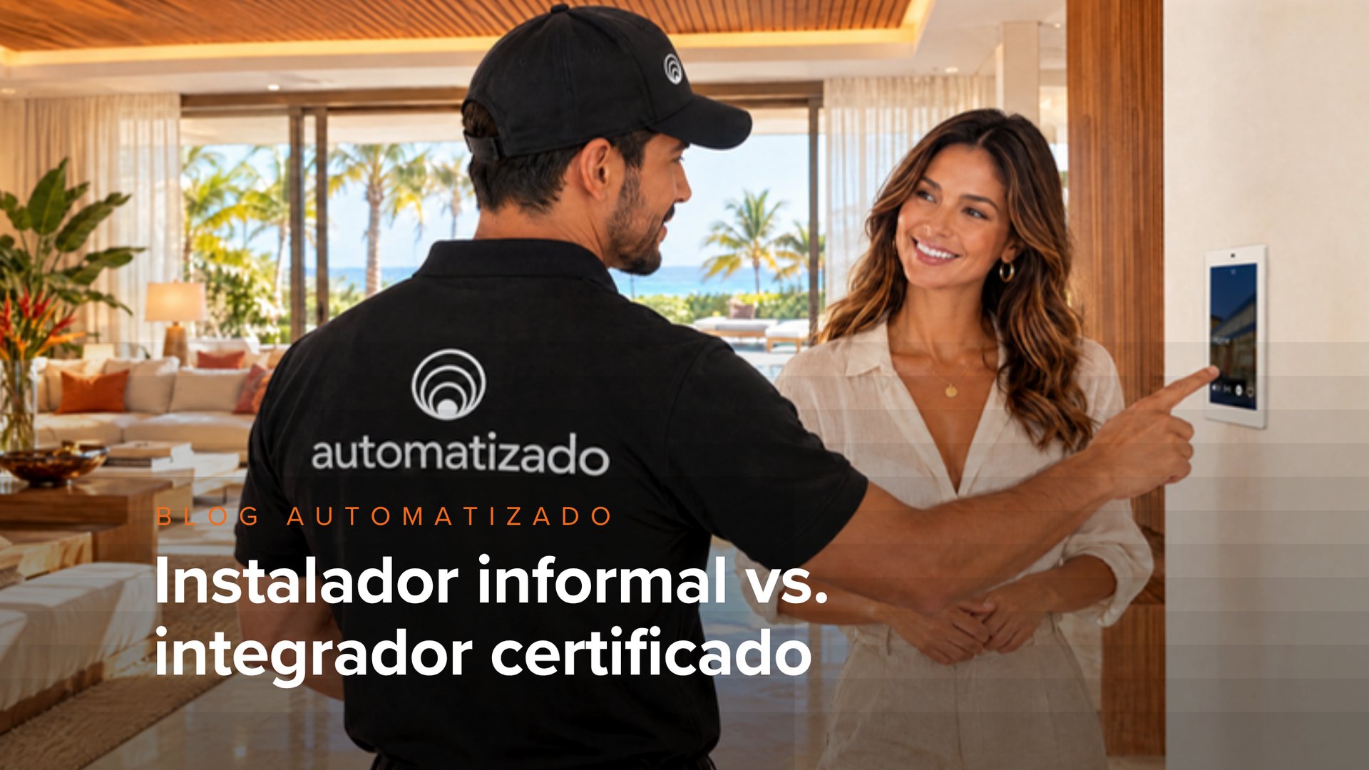 Propietaria conversando con un técnico en su cocina antes de escoger un integrador certificado para su casa inteligente