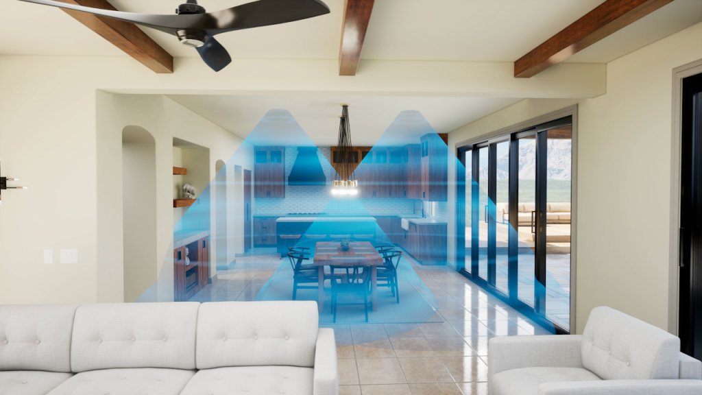Sala y comedor con dos bocinas de techo y conos azules de cobertura que dejan zonas sin sonido parejo