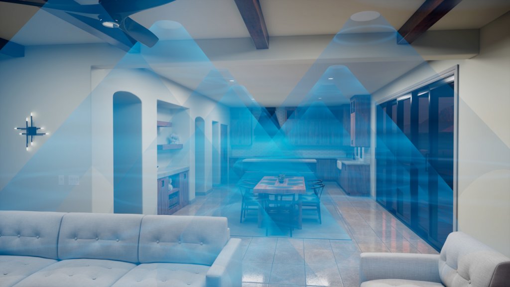 Sala y comedor con seis bocinas de techo bien repartidas y conos azules que cubren todo el espacio de forma pareja