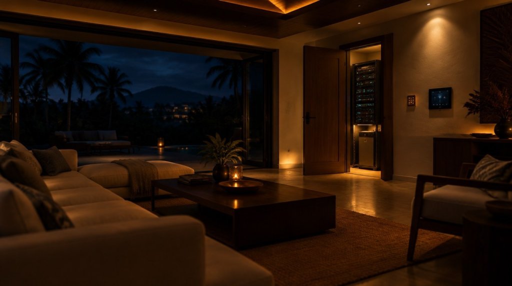 Sala de villa tropical con luz cálida encendida durante un apagón y cuarto de equipos con UPS al fondo