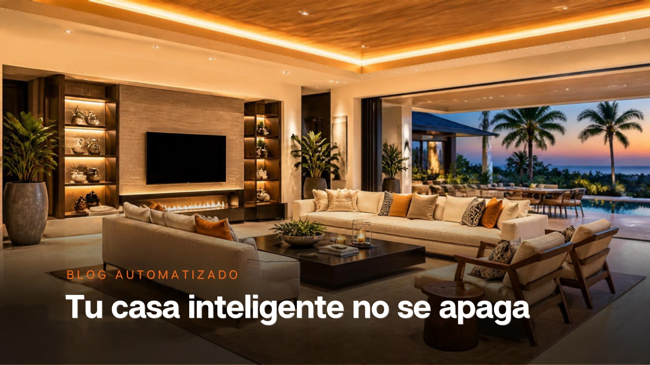 Tu casa inteligente no se apaga: sala de villa tropical iluminada, guía de UPS para casa inteligente