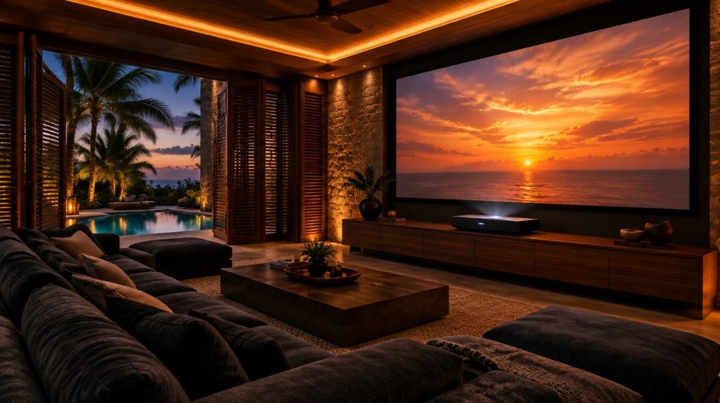 Sala multimedia de villa tropical con proyector láser, pantalla de gran formato y vista a la piscina al atardecer