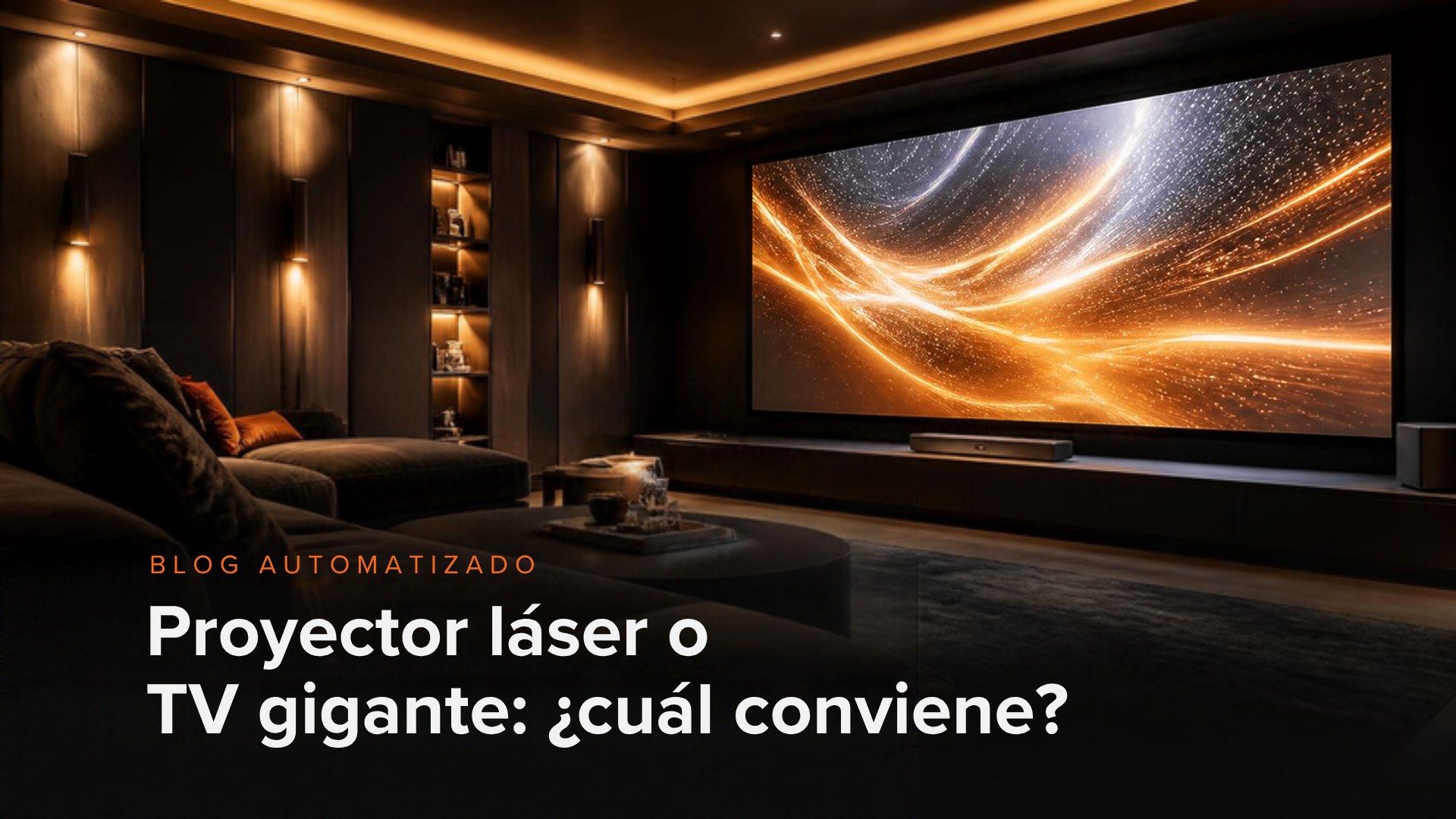 Proyector láser o TV gigante: sala de cine en casa con pantalla de gran formato e iluminación cálida