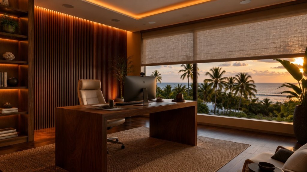 Oficina en casa de lujo con escritorio de madera, cortinas automatizadas, luz cálida regulable y vista al mar