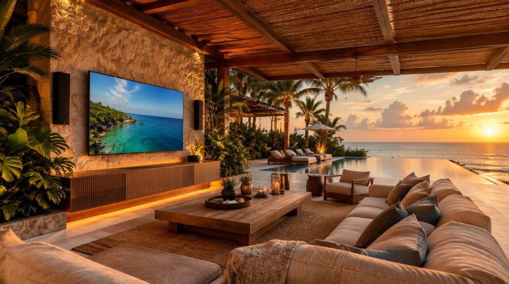 Terraza de villa en el Caribe con TV para exterior en la pared, pérgola de madera, piscina y vista al mar al atardecer