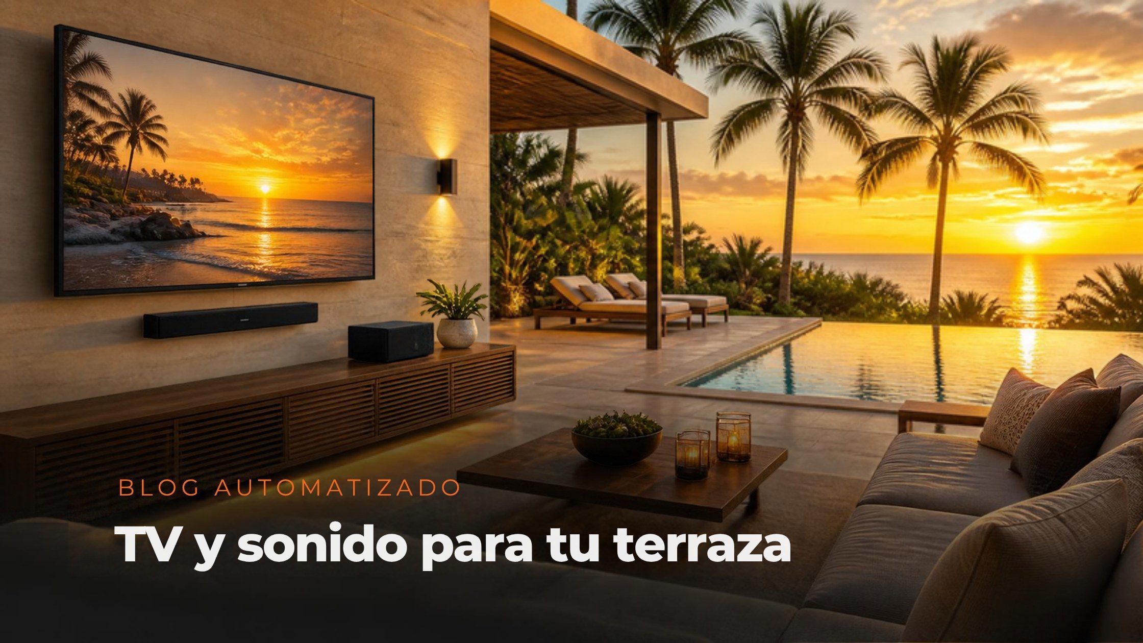 TV y sonido para tu terraza: TV para exterior en una terraza de villa con piscina al atardecer