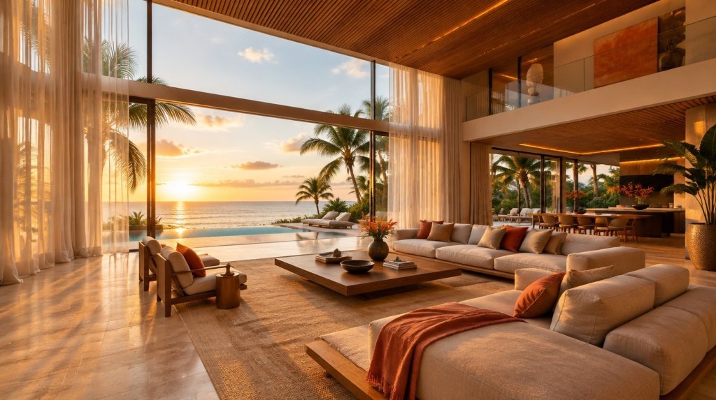 Sala de doble altura en villa tropical frente al mar con cortinas, iluminación empotrada y domótica integrada al diseño