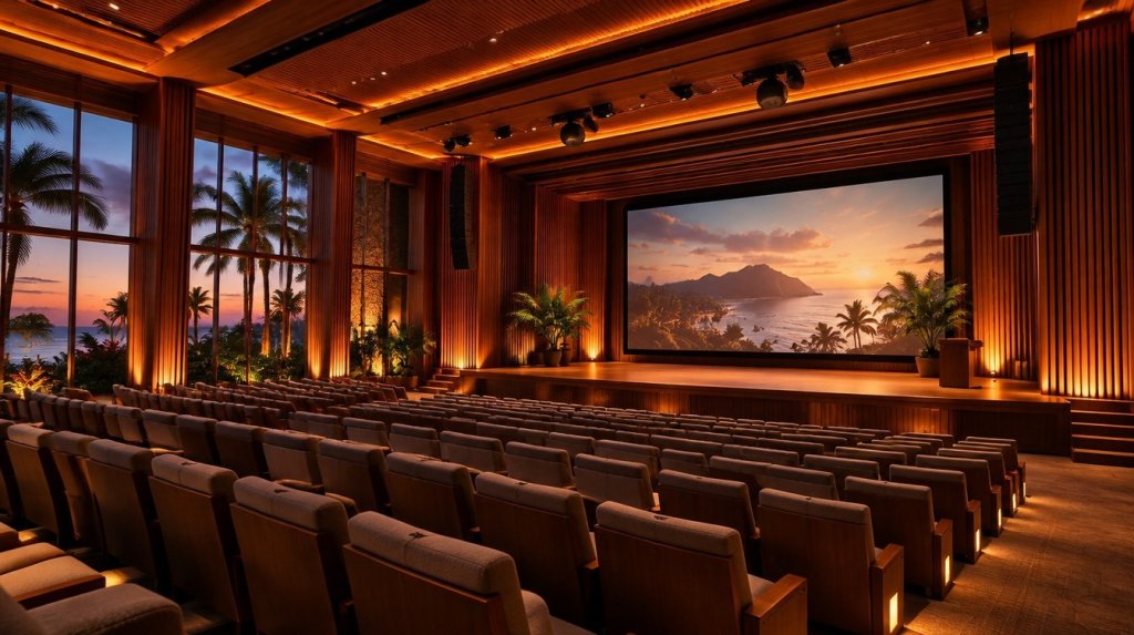Auditorio de resort tropical con paneles de madera acústicos, butacas, escenario y sonido para auditorios integrado
