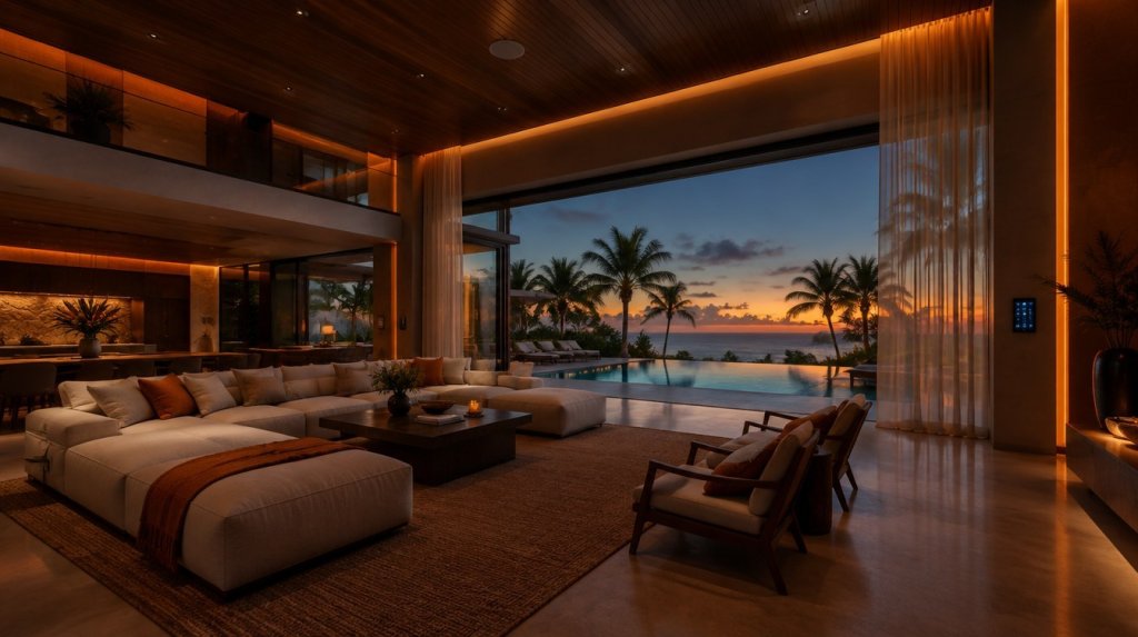 Sala de villa tropical al atardecer con iluminación cálida regulable, cortinas automatizadas y panel táctil domótico