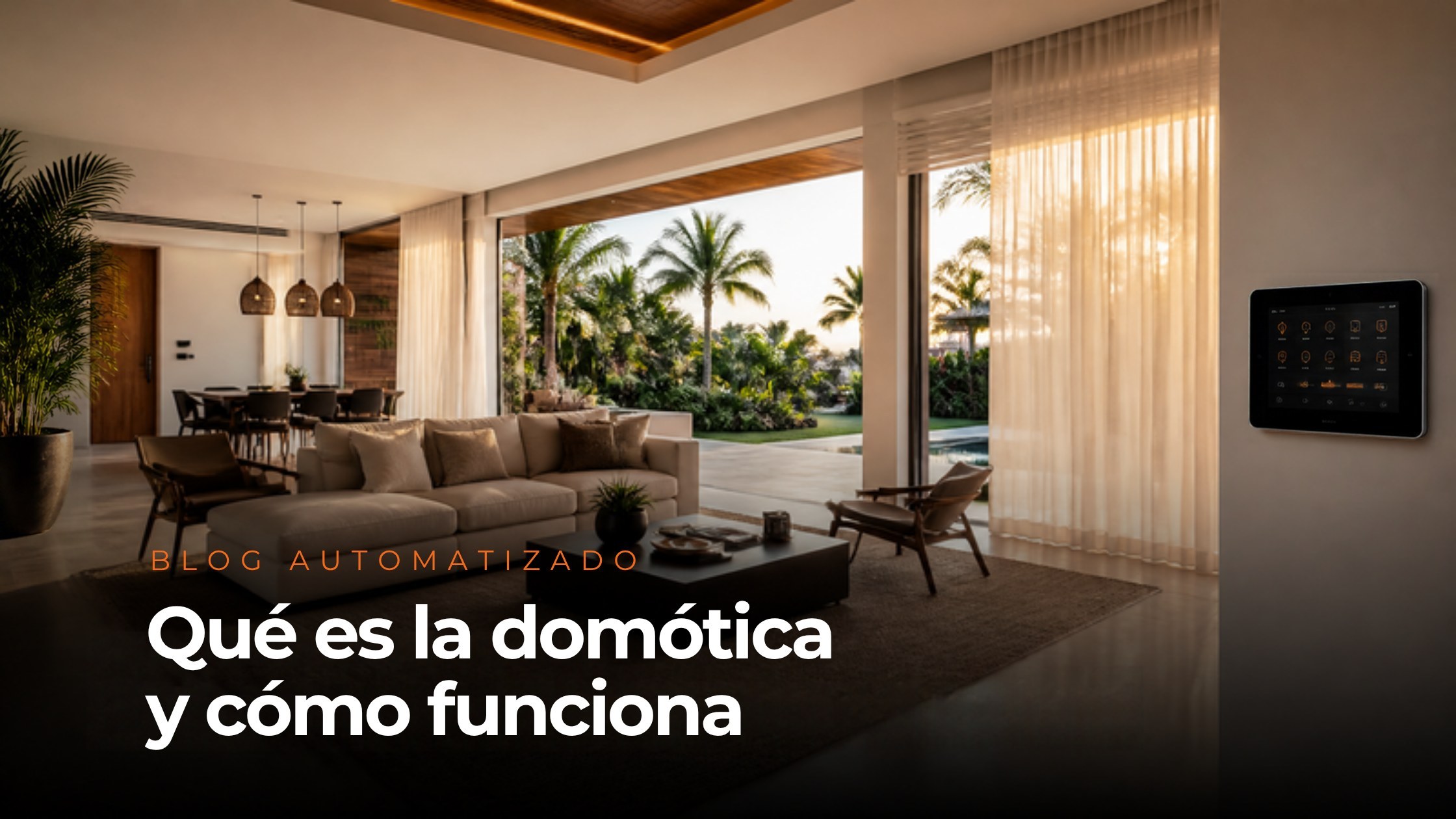 Qué es la domótica: sala tropical luminosa con panel táctil de control en la pared y cortinas automatizadas