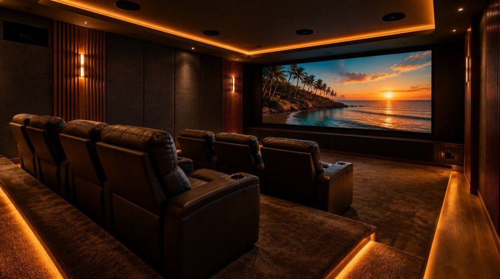 Cine en casa de lujo con pantalla grande, dos filas de butacas reclinables, tarima con luz de escalón y paneles acústicos